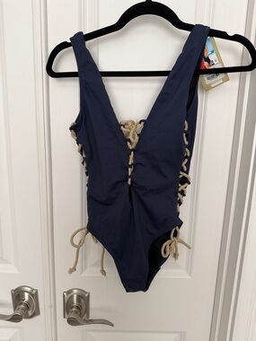 Navy one piece bathing suit with drawstrings